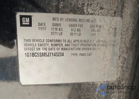 2018 Chevrolet Cruze Ls Auto из США, поврежденный, VIN 1G1BC5SM5J7143234